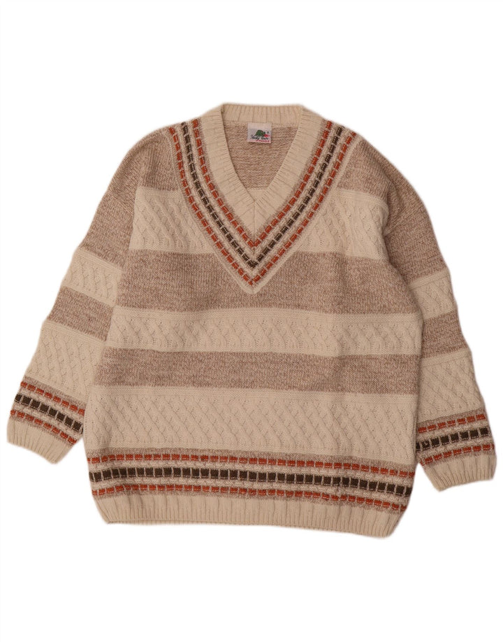 Vintage herre V-hals sweater mellem beige stribet uld