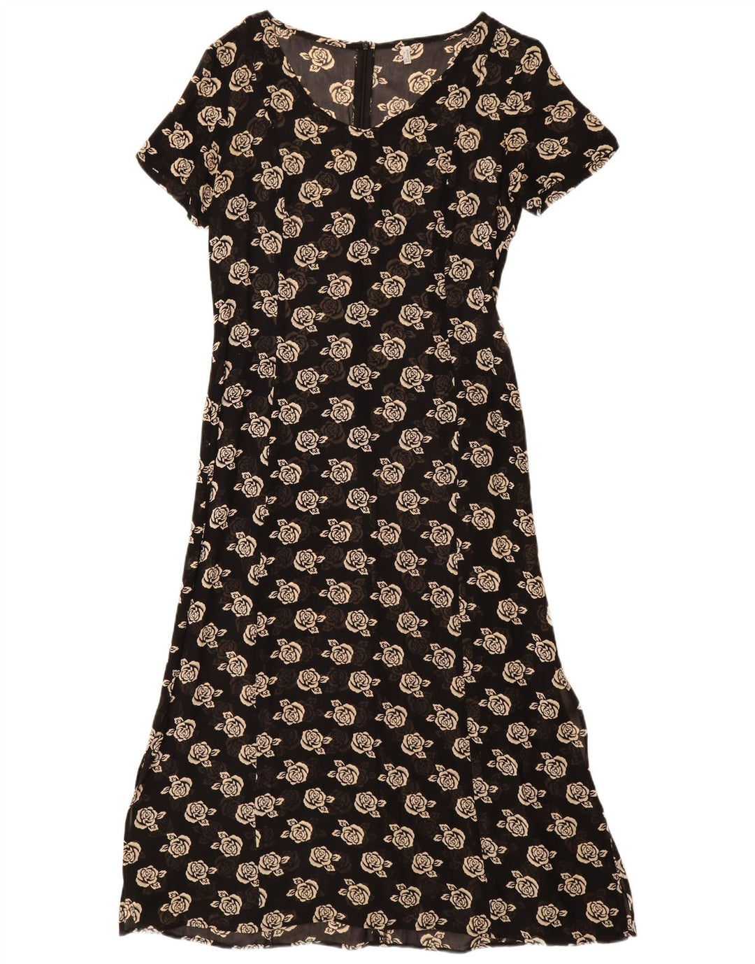 Vintage Dame A-Line Kjole UK 12 Medium Black Floral