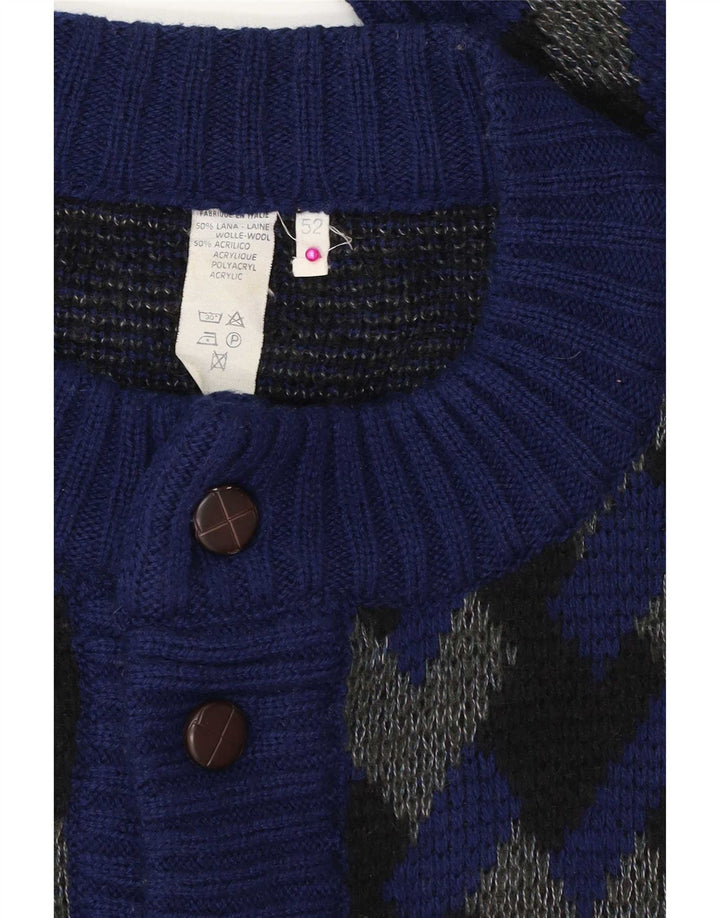 Vintage herre cardigan sweater IT 52 Stor marineblå geometrisk uld
