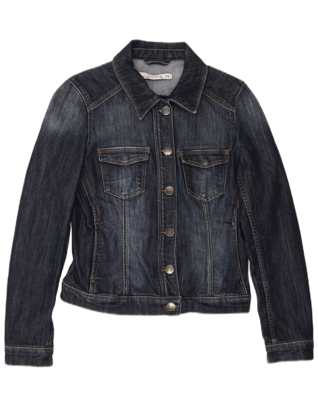 Zara Dame Crop Denim Jacket UK 12 Medium Navy Blue Bomuld