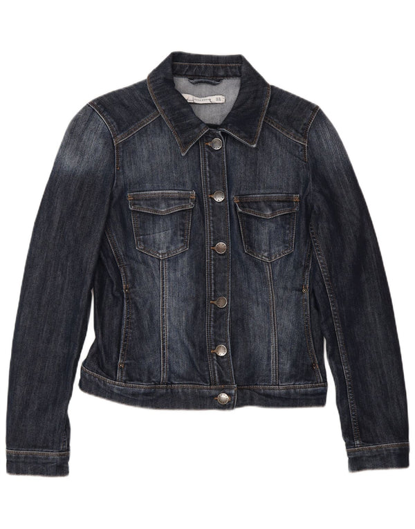 Zara Dame Crop Denim Jacket UK 12 Medium Navy Blue Bomuld