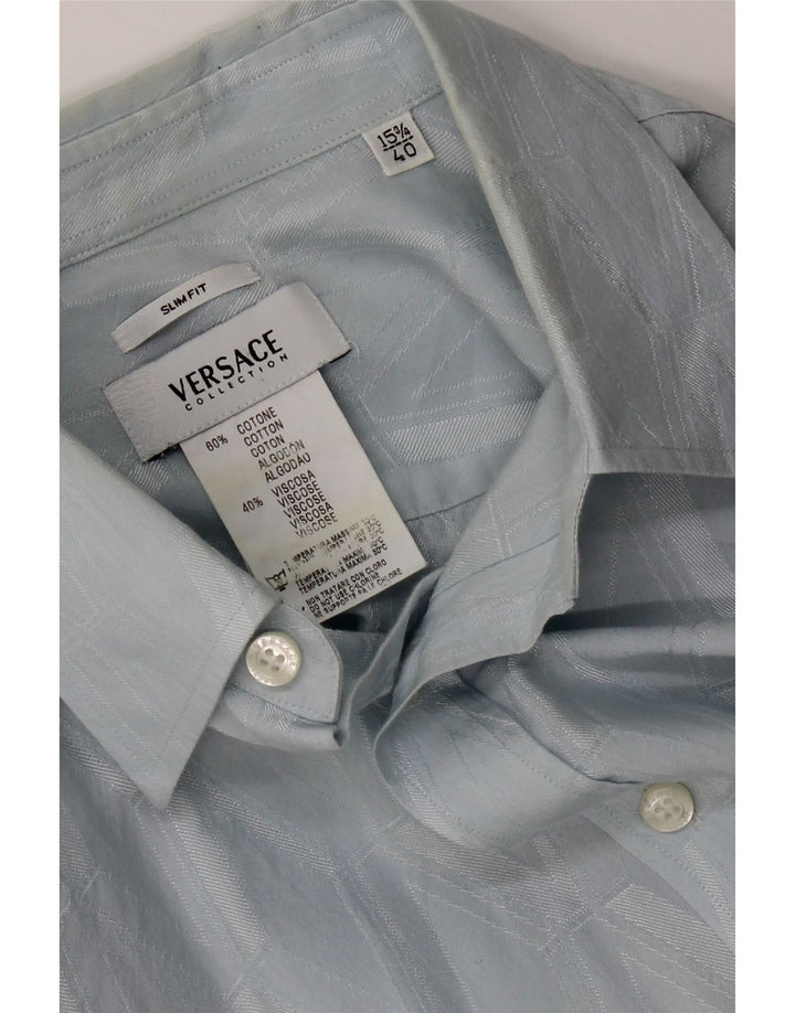 Versace Kortærmet Herreskjorte Størrelse 40 15 3/4 Medium Blå Geometrisk