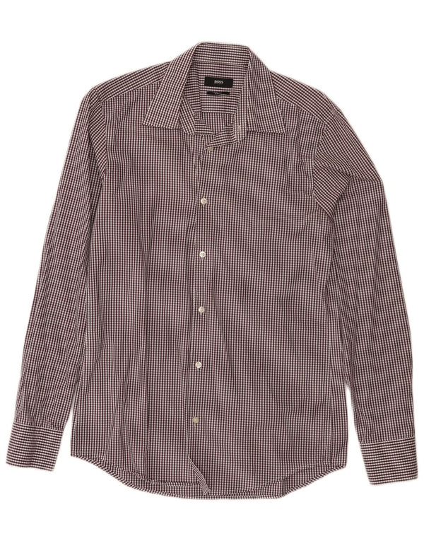 Hugo Boss Mens Slim Fit Shirt Size 38 15 Medium Burgundy Gingham Cotton