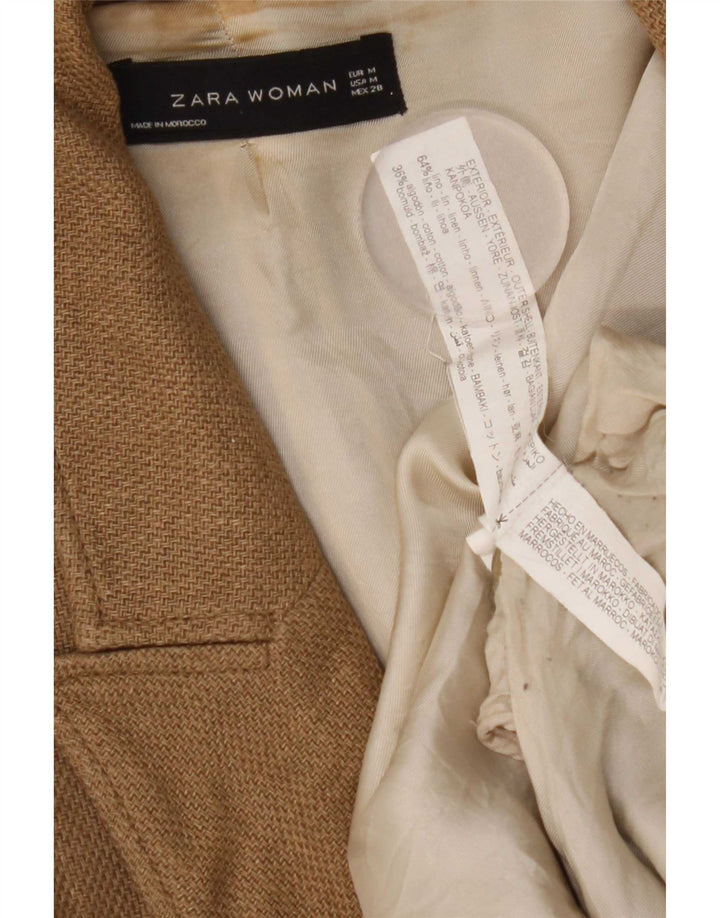 Zara Dame Longline Double Breasted Blazer Jacket UK 14 Medium Brown Linen