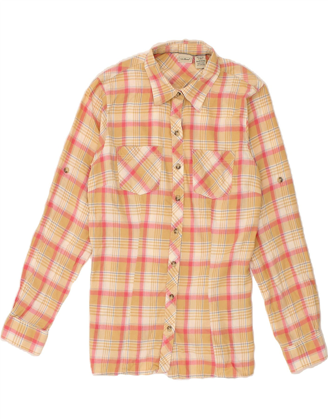 L.L.BEAN Womens Flannel Shirt UK 10 Small Beige Check Cotton Vintage L.L.Bean and Second-Hand L.L.Bean from Messina Hembry 