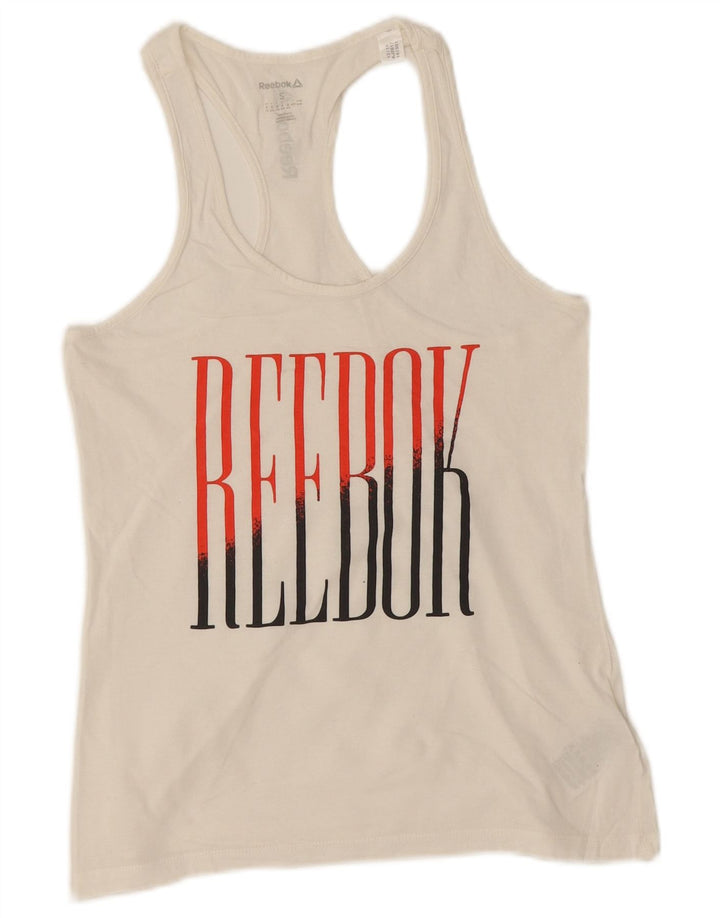 Reebok Dame Grafisk Vest Top UK 8/10 Small White Bomuld