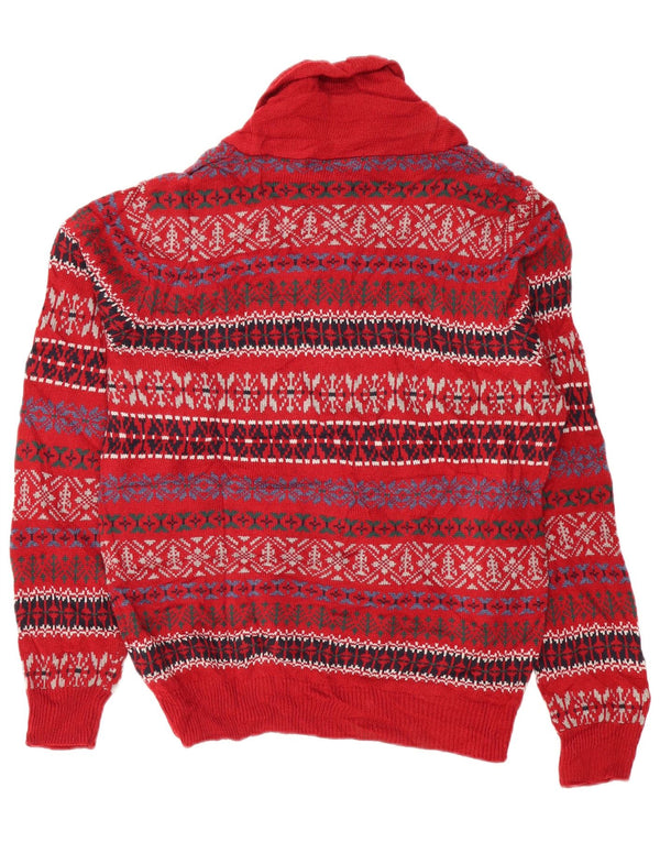 Marks & Spencer Herre Shawl Neck Jumper Sweater Medium Red Fair Isle