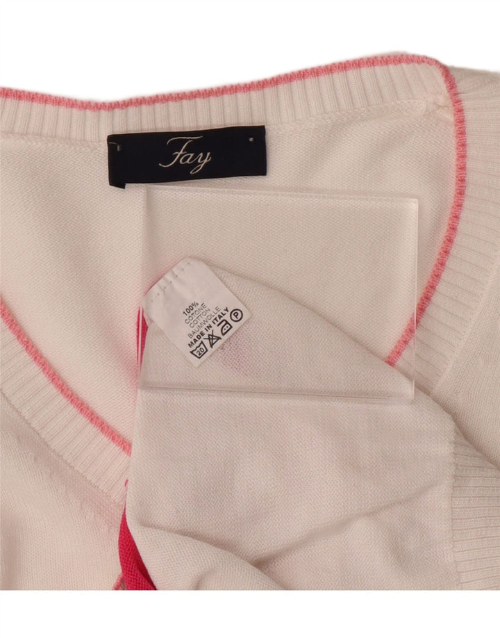FAY Womens V-Neck Jumper Sweater UK 10 Small White Argyle/Diamond Cotton Vintage Fay and Second-Hand Fay from Messina Hembry 