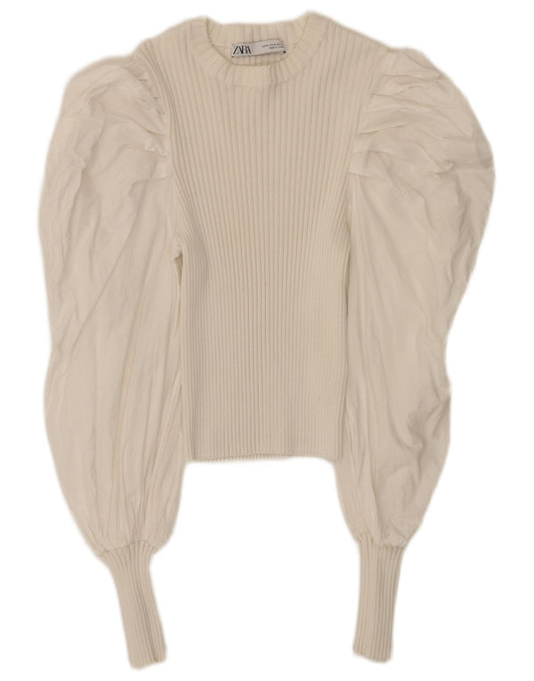 Zara Womens Crop Langærmet Bluse Top UK 12 Medium White Bomuld