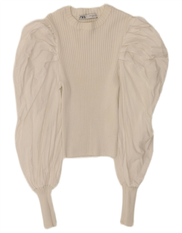 Zara Womens Crop Langærmet Bluse Top UK 12 Medium White Bomuld