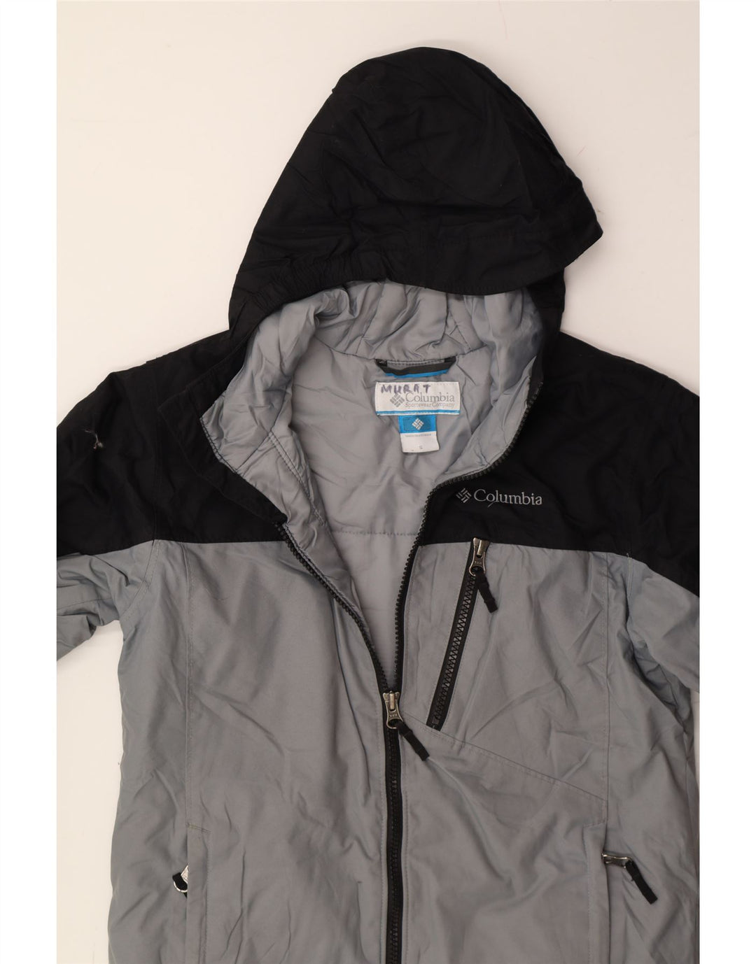 COLUMBIA Boys Hooded Windbreaker Coat 7-8 Years Small Grey Colourblock Vintage Columbia and Second-Hand Columbia from Messina Hembry 