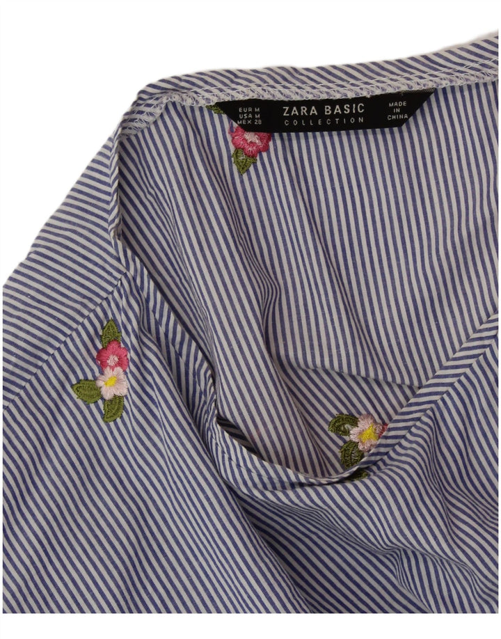 ZARA Womens Crop Bluse Top UK 14 Medium Blue Pinstripe