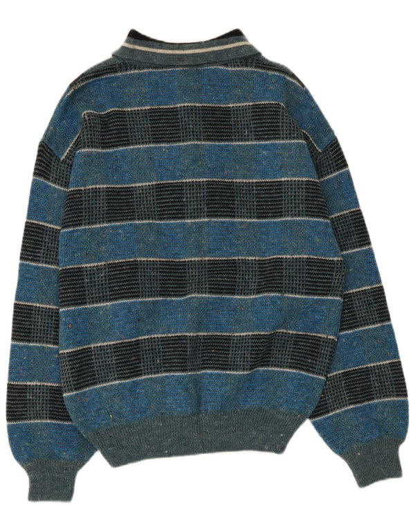 Vintage Mens Polo Neck Jumper Sweater Medium Blue Striped Wool