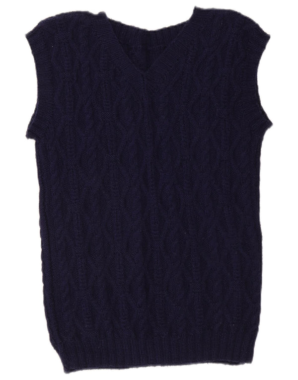 Vintage Dame Kortærmet V-hals Jumper Sweater UK 12 Medium Navy Blue