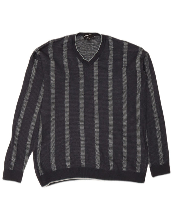 Giorgio Armani Mens V-Neck Jumper Sweater IT 50 Medium Navy Blue Striped