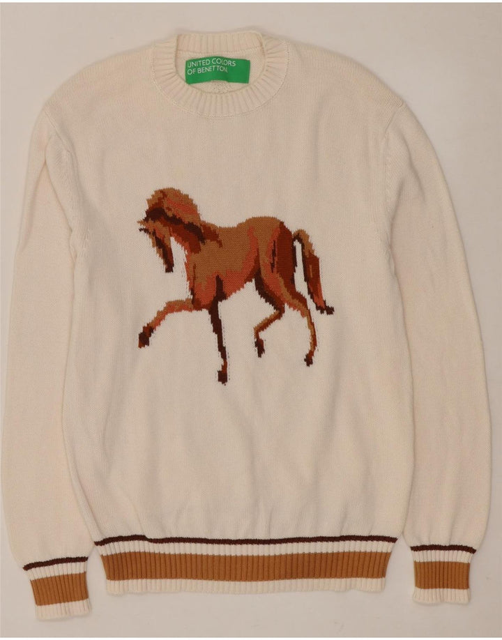 BENETTON Dame grafisk rund hals sweater UK 14 Medium White