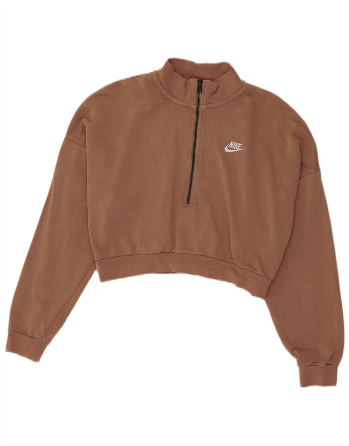 Nike Dame Crop Zip Neck Sweatshirt Jumper UK 14 Medium Brun Bomuld