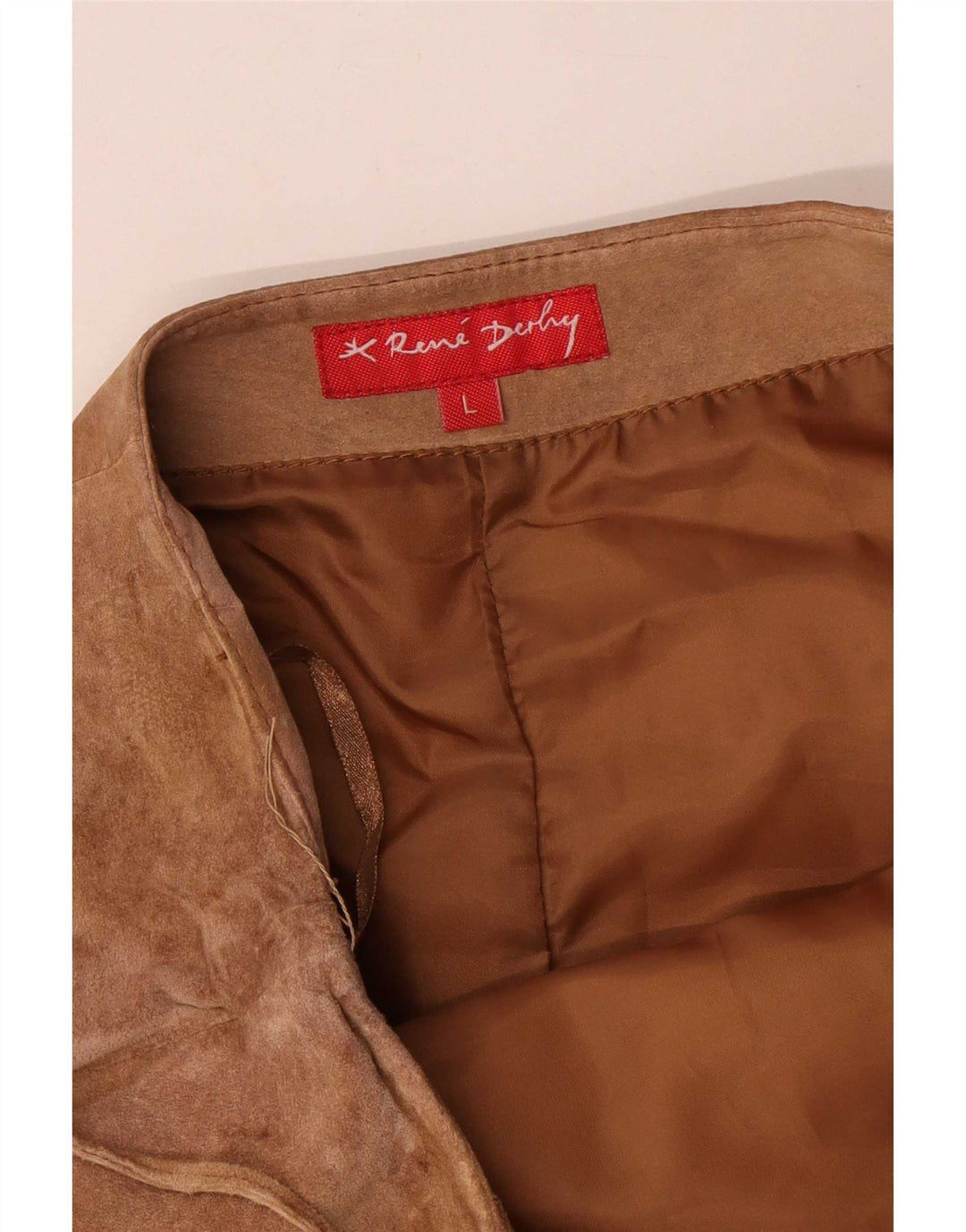 Rene' Derhy Dame Asymmetrisk Ruskind Nederdel Stor W32 Beige Læder