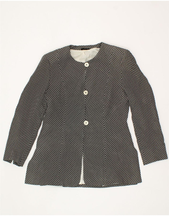 VINTAGE Womens 3 Button Blazer Jacket UK 14 Large Black Geometric Viscose Vintage Vintage and Second-Hand Vintage from Messina Hembry 