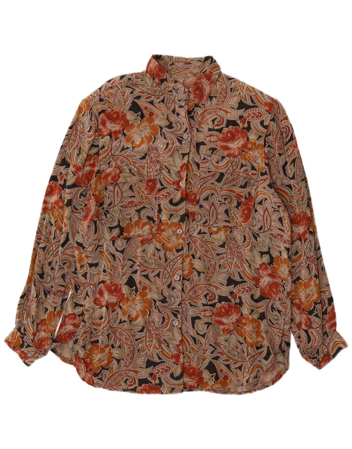 VINTAGE skjortebluse til kvinder UK 16 Large Brown Floral