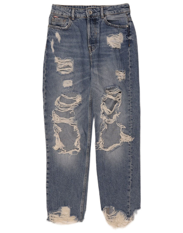 Zara Dame Distressed Straight Jeans EU 36 XS W26 L26 Blå