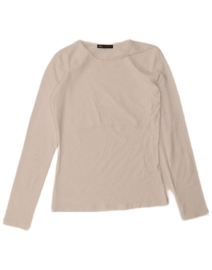 Zara Dame Top Langærmet UK 12 Medium Hvid Bomuld