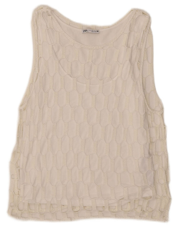 Zara Damestrik Vest Top UK 14 Medium Hvid Bomuld