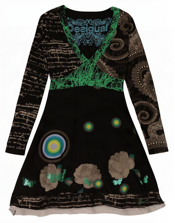 Desigual Kvinders Grafisk Langærmet A-Line Kjole UK 12 Medium Sort Plettet