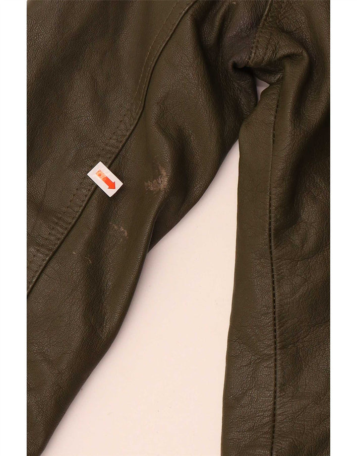 Zara Dame Trafaluc Crop Læderjakke UK 12 Medium Khaki Læder