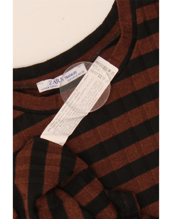 ZARA Bodycon-kjole med 3/4 ærmer til kvinder UK 10 Lille brun stribet polyester