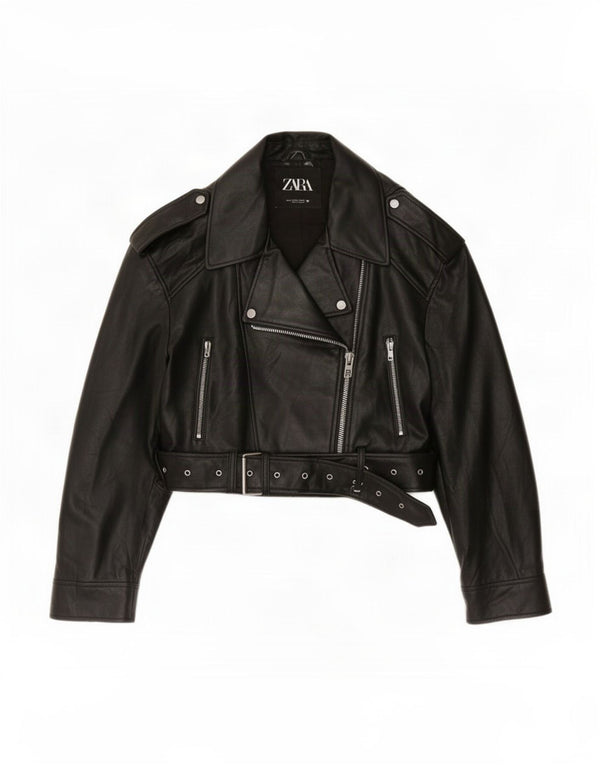 Zara Womens Crop Biker-jakke i imiteret læder UK 18 XL Sort polyurethan