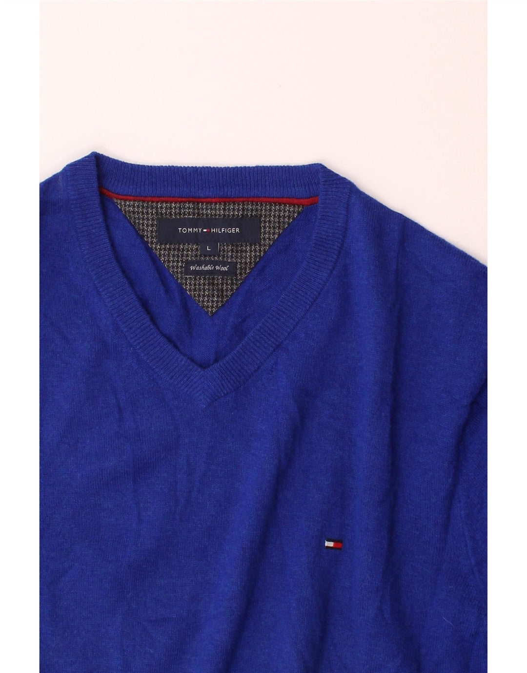 TOMMY HILFIGER Mens V-Neck Jumper Sweater Large Blue Lambswool Vintage Tommy Hilfiger and Second-Hand Tommy Hilfiger from Messina Hembry 