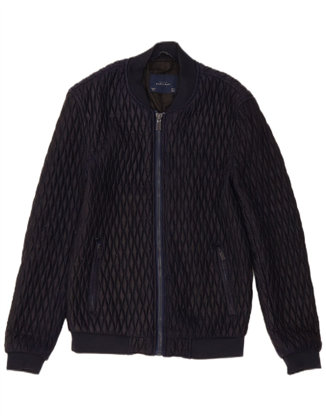 Zara Herre Bomber Quilted Jacket UK 38 Medium Navy Blue Polyester