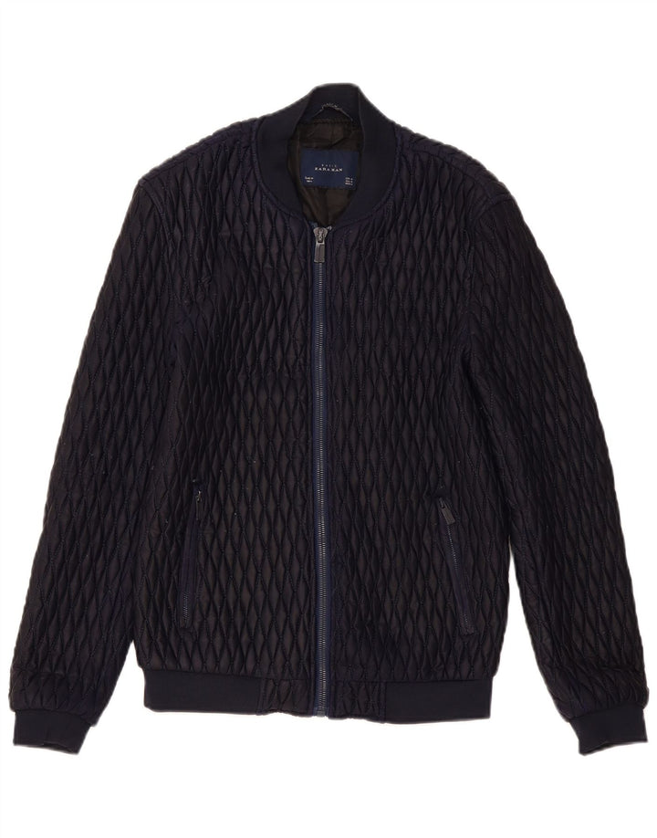 Zara Herre Bomber Quilted Jacket UK 38 Medium Navy Blue Polyester