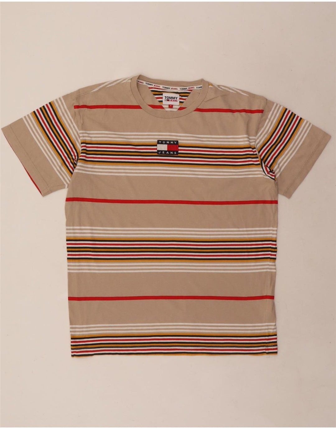 Tommy Hilfiger Herre T-Shirt Top Medium Beige Stribet Bomuld