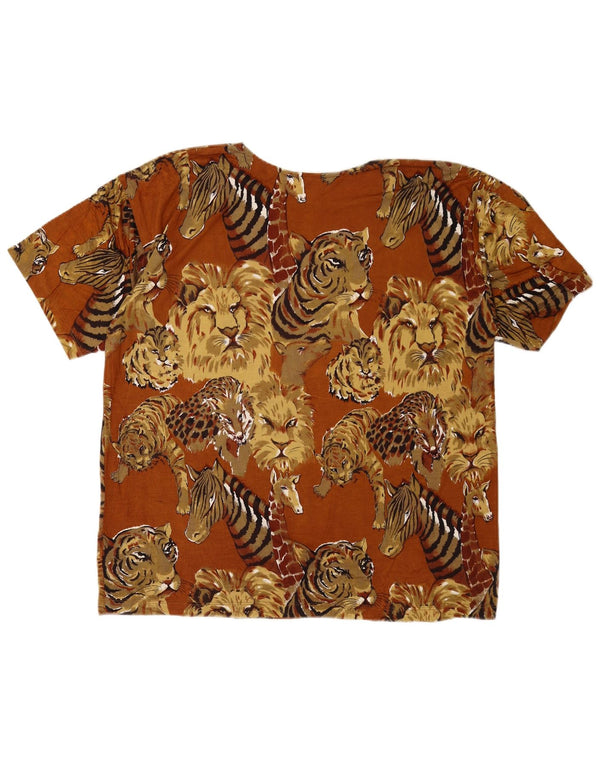 Vintage Dame T-Shirt Top UK 16 Large Brown Animal Print Viscose