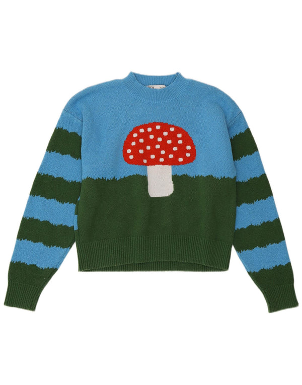 ZARA Womens Crop Jumper Sweater UK 10 Small Blue Colourblock