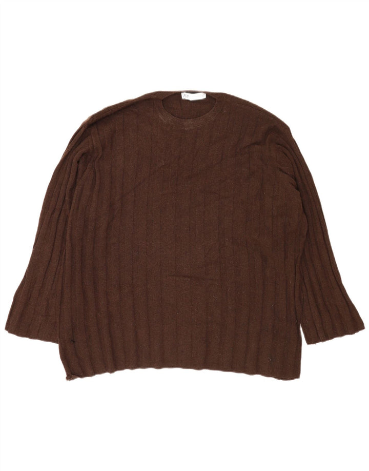 Zara Dame Oversized Crew Neck Jumper Sweater UK 14 Medium Brun Polyamid