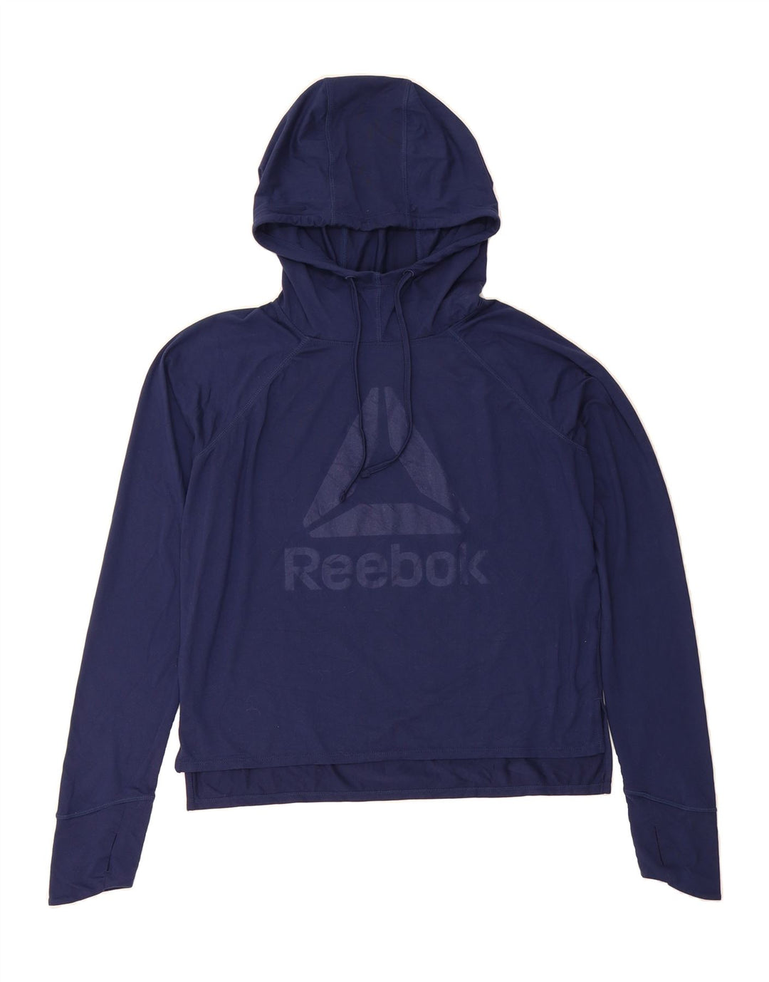 REEBOK Womens Oversized Graphic Hoodie Jumper UK 10 Small Navy Blue Vintage Reebok and Second-Hand Reebok from Messina Hembry 