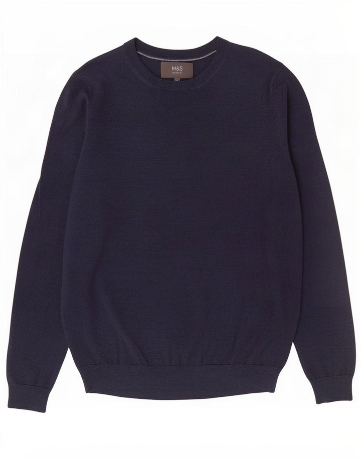 Marks & Spencer Herre Boat Neck Jumper Sweater Medium Navy Blue Merino Wool