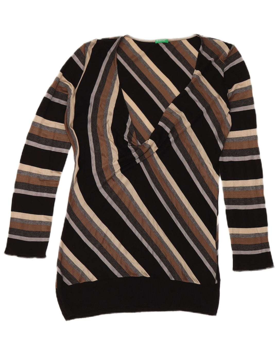 Benetton Dame V-hals sweater UK 14 Stor flerfarvet stribet