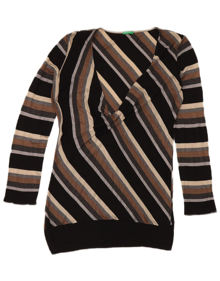 Benetton Dame V-hals sweater UK 14 Stor flerfarvet stribet