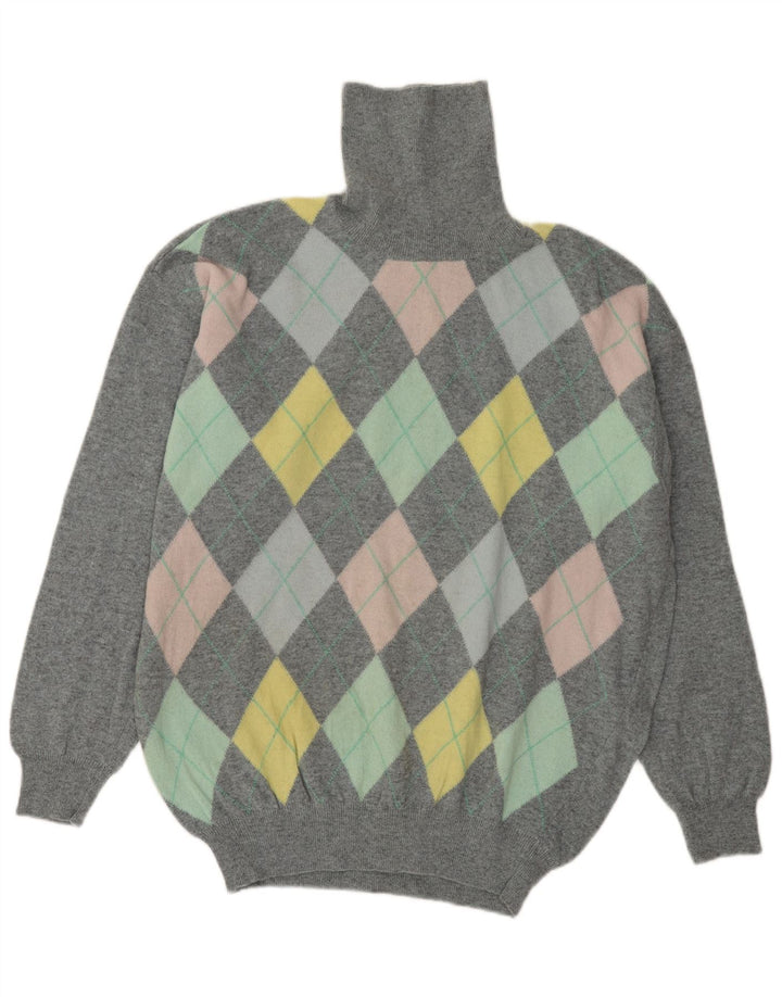 BENETTON Herre Rullehalstrøje Stor Grå Argyle/Diamond Wool