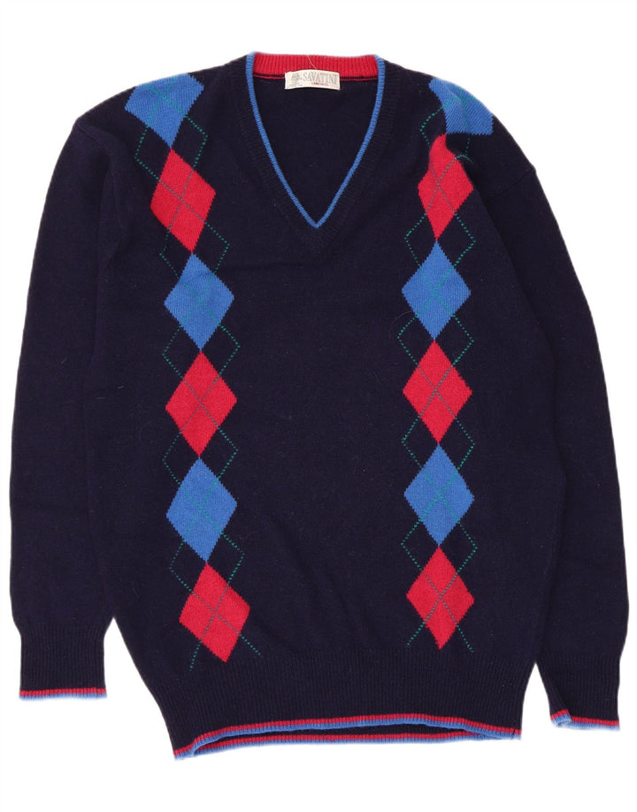 Vintage Herre V-hals sweater Medium Navy Blue Argyle/Diamond