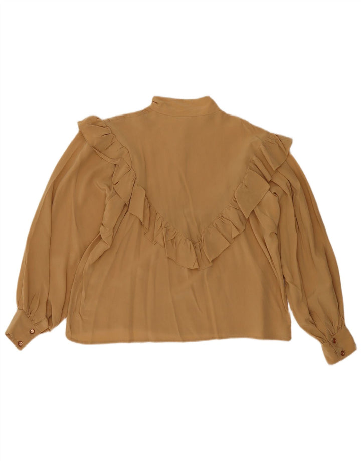 Vintage Dame Langærmet Flæse Front Bluse Top IT 46 Stor Beige Silke