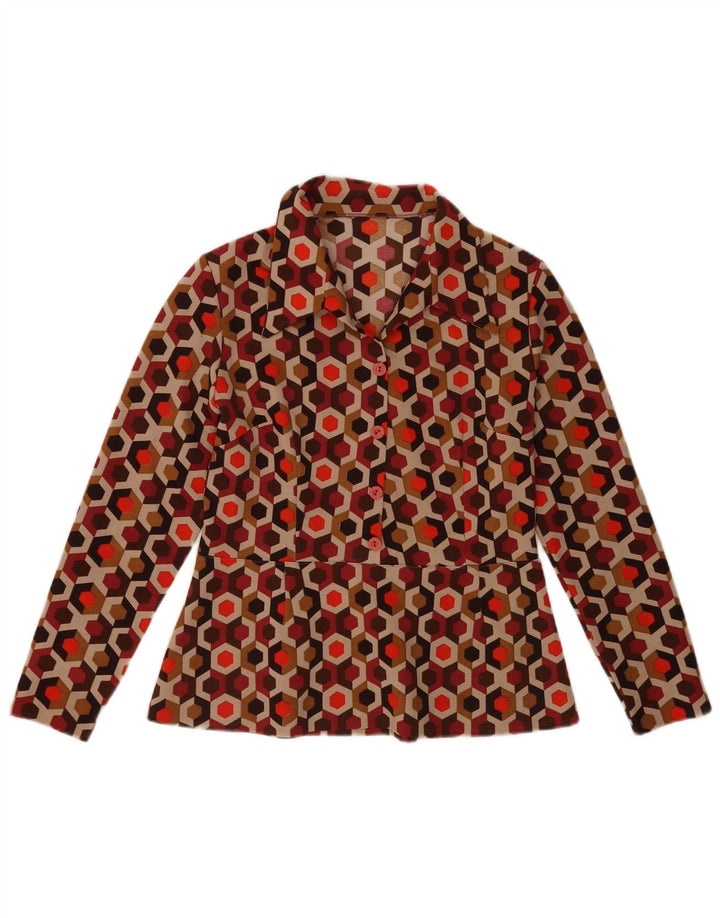 VINTAGE Langærmet Damebluse Top UK 12 Medium Flerfarvet Geometrisk