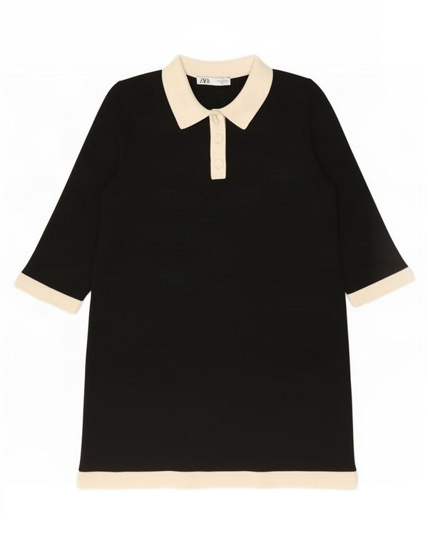 Zara 3/4-ærmet poloshirt til kvinder UK 14 Medium Sort Colourblock Polyester