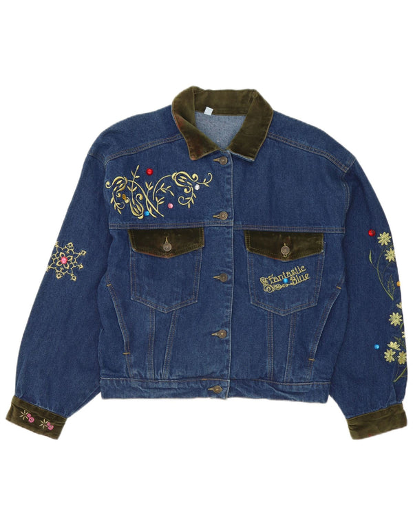 Vintage Dame Loose Fit denimjakke UK 14 Medium Blue Floral Bomuld