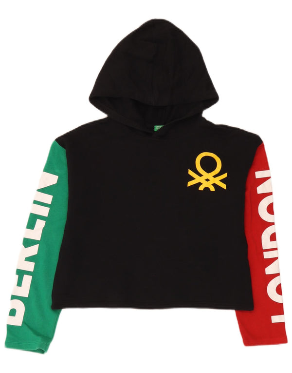 Benetton Girls Crop Graphic Hoodie Jumper 10-11 år XL Sort Colourblock