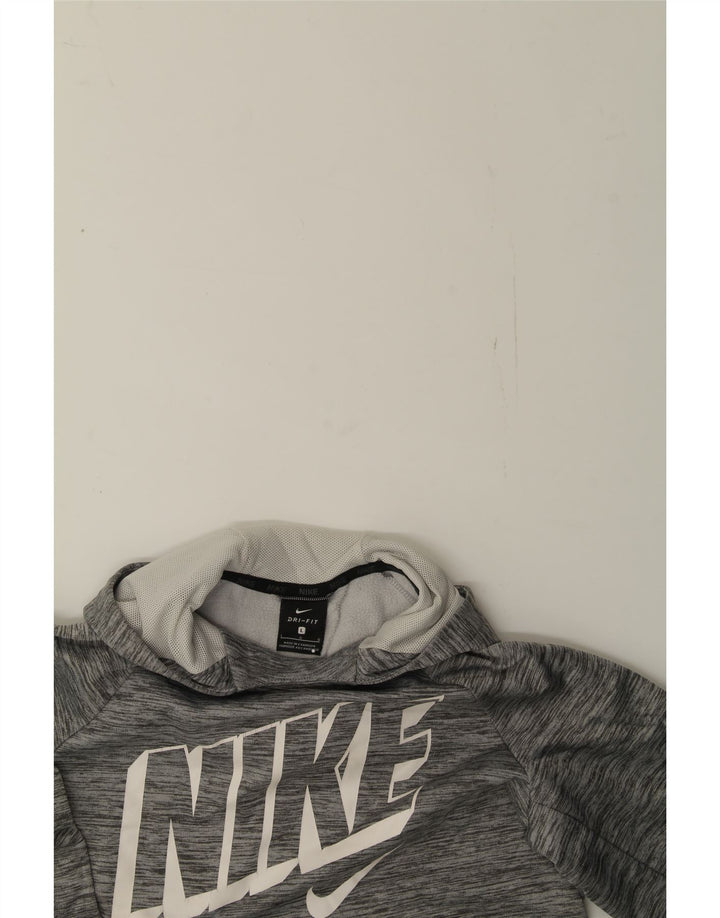 NIKE Boys Graphic Hoodie Jumper 12-13 Years Large Grey Flecked Polyester Vintage Nike and Second-Hand Nike from Messina Hembry 